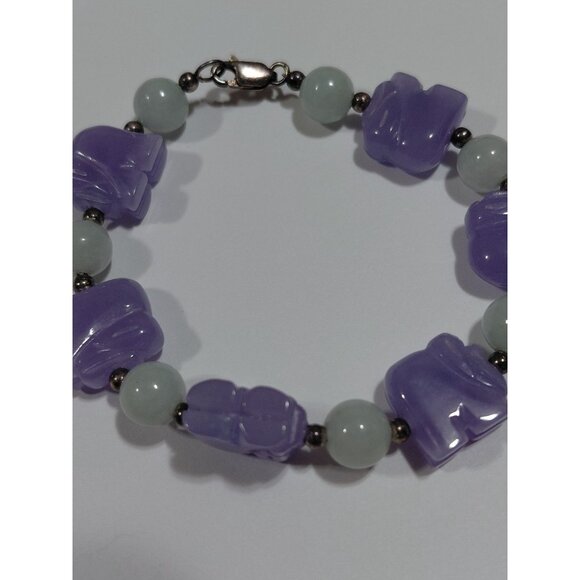 Vtg Lavender & Green Jade Elephant Beaded Bracelet With Silver Clasp Sz 6.25 - Picture 3 of 9
